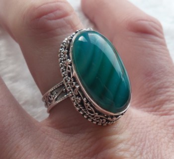 Zilveren ring blauw / groene Botswana Agaat in bewerkte setting 